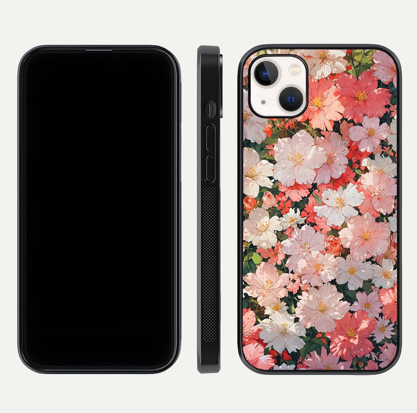 Blush Bloom Field Glass Case for iPhone 16 Pro dual-view layout showing bloom arrangement and protective frame