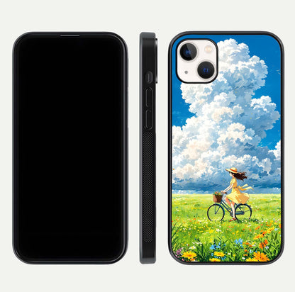 Breezy Meadow Ride Glass Case for iPhone 14 Plus dual-view layout showing soft landscape design and reflection gloss