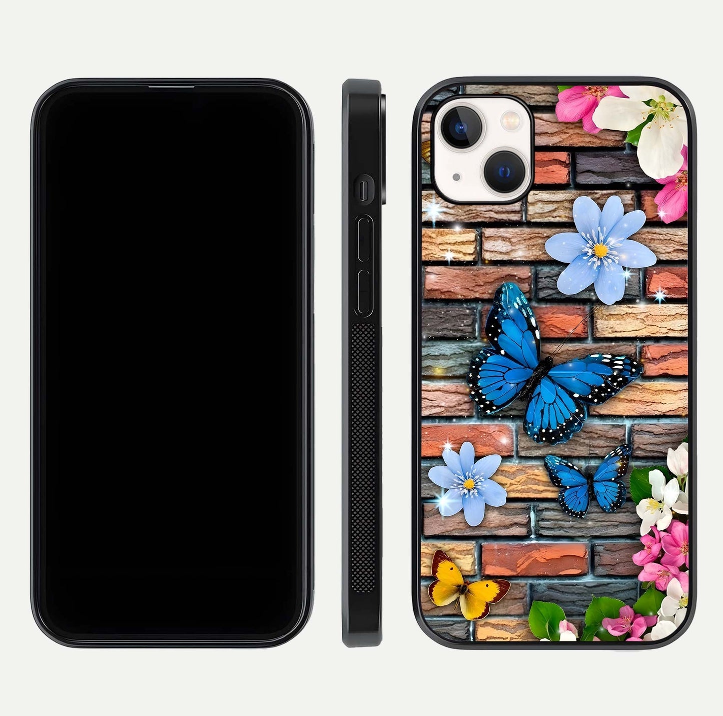 Brick Bloom Flight Glass Case for iPhone 14 Plus dual-view layout showing bloom placement and protective edge design