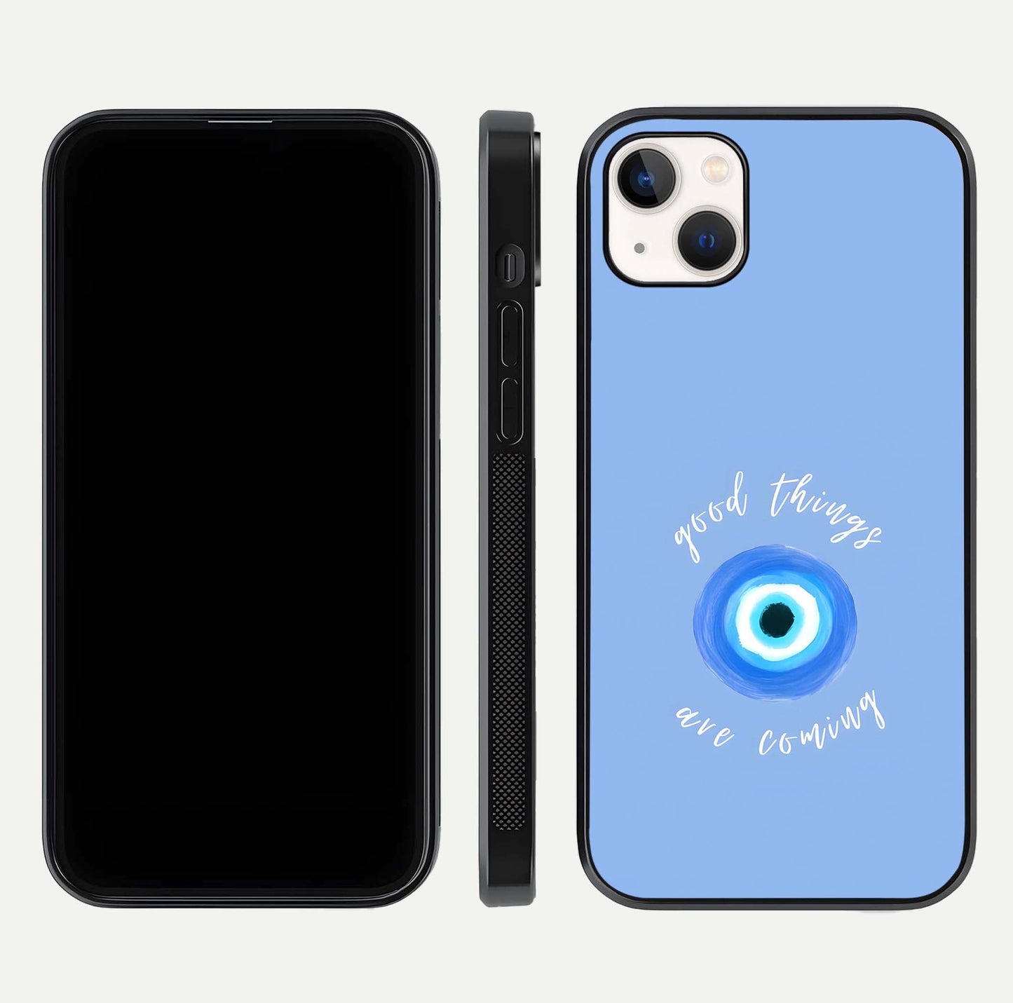 Bright Future Ahead Glass Case for iPhone 14 Plus front-and-back layout showing clean font style and gloss shine