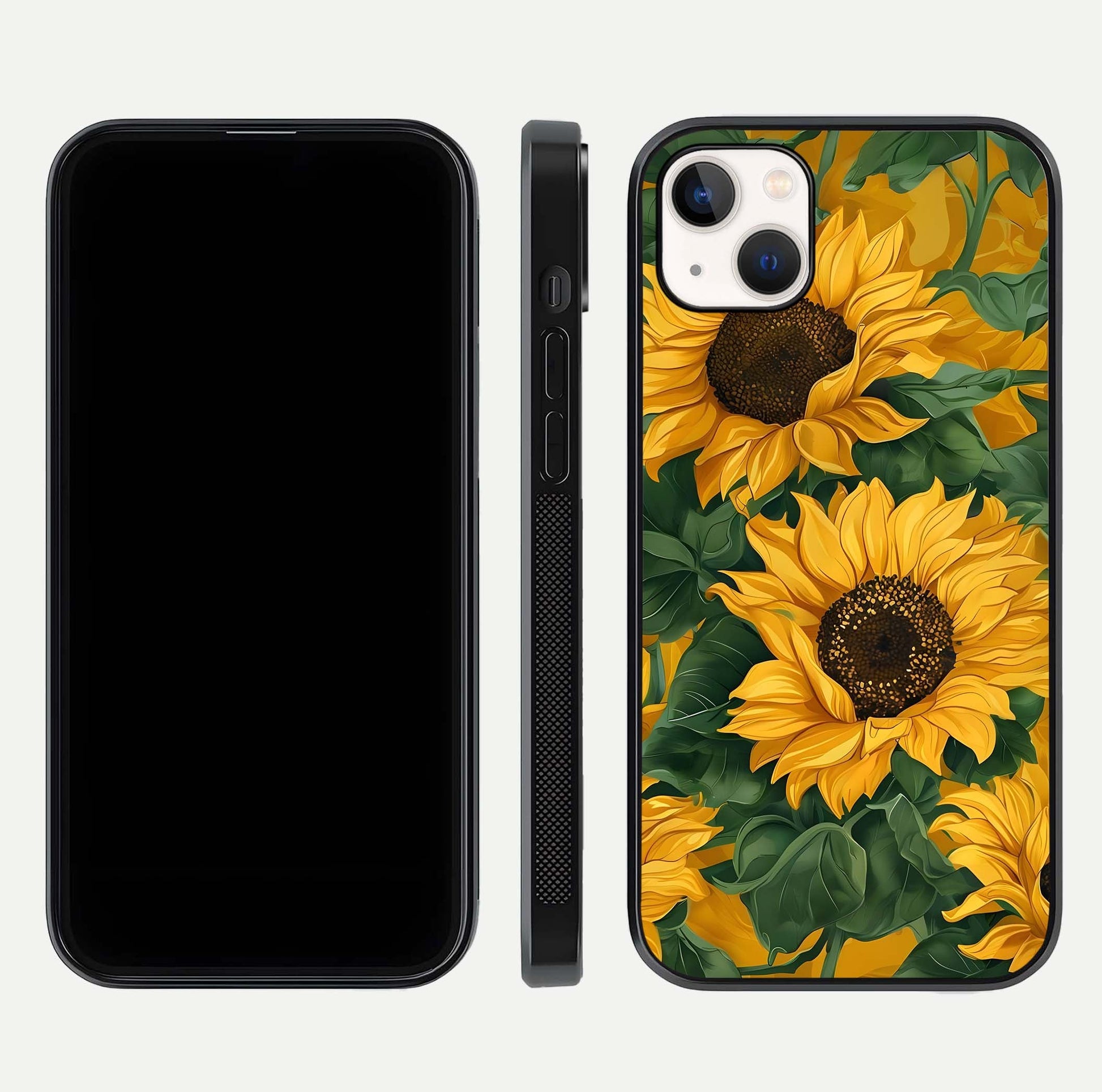 Bright Sunflower Bloom Glass Case for iPhone 14 Plus dual-view layout displaying floral glow and curved glass edge