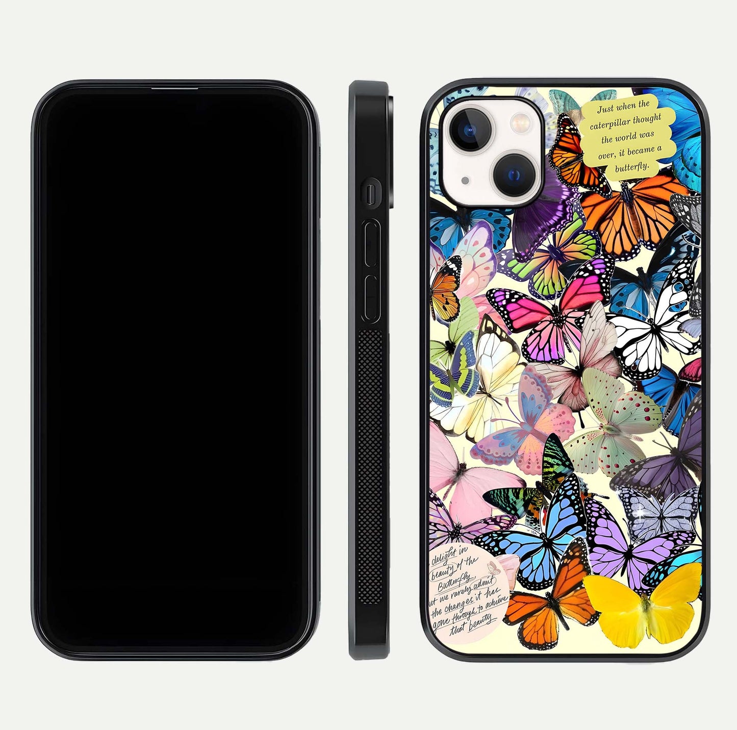 Butterflies Petal Dream Glass Case for iPhone 14 Plus front-and-back layout showcasing floral spread and reflection shine