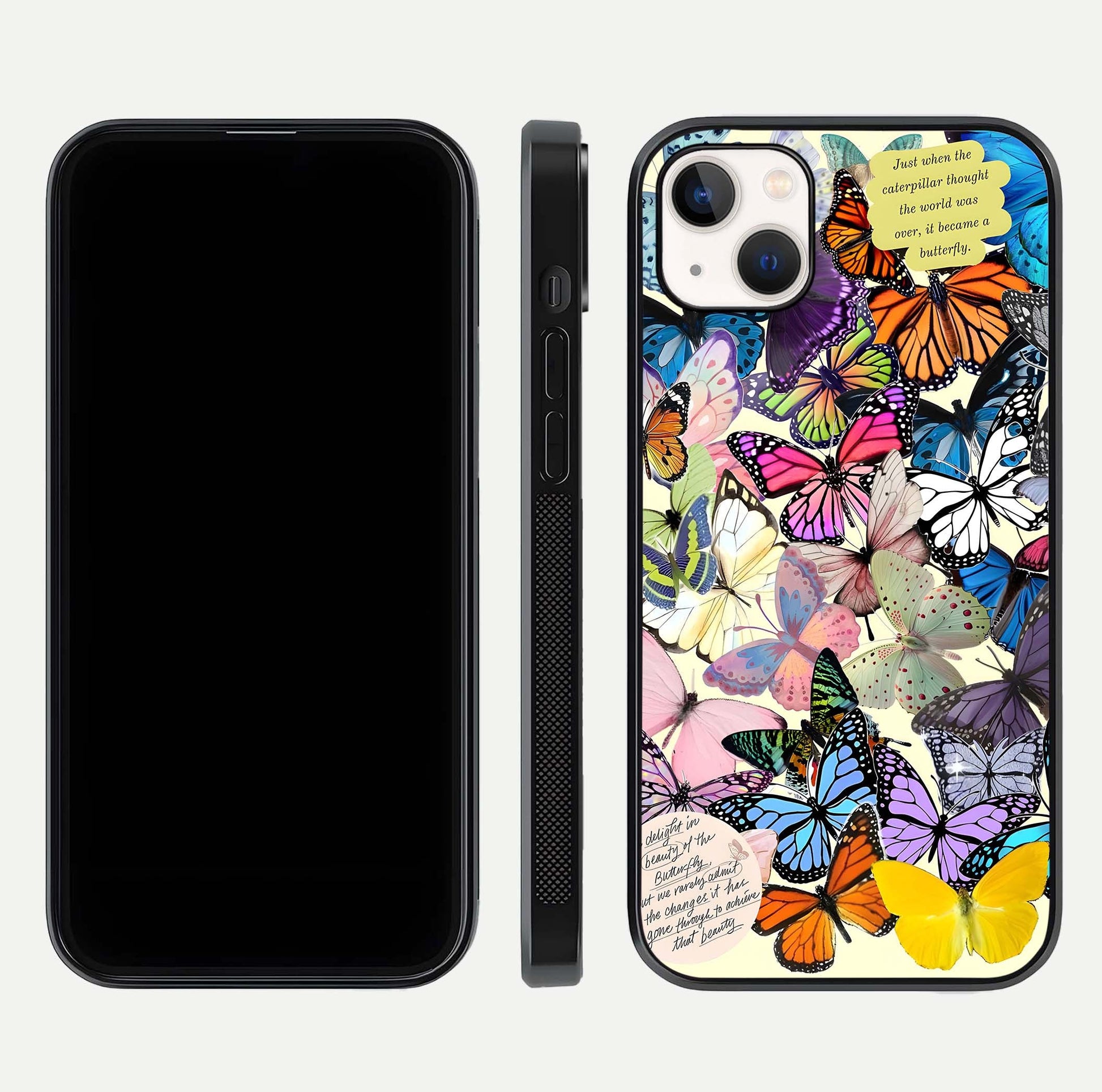 Butterflies Petal Dream Glass Case for iPhone 14 Plus front-and-back layout showcasing floral spread and reflection shine