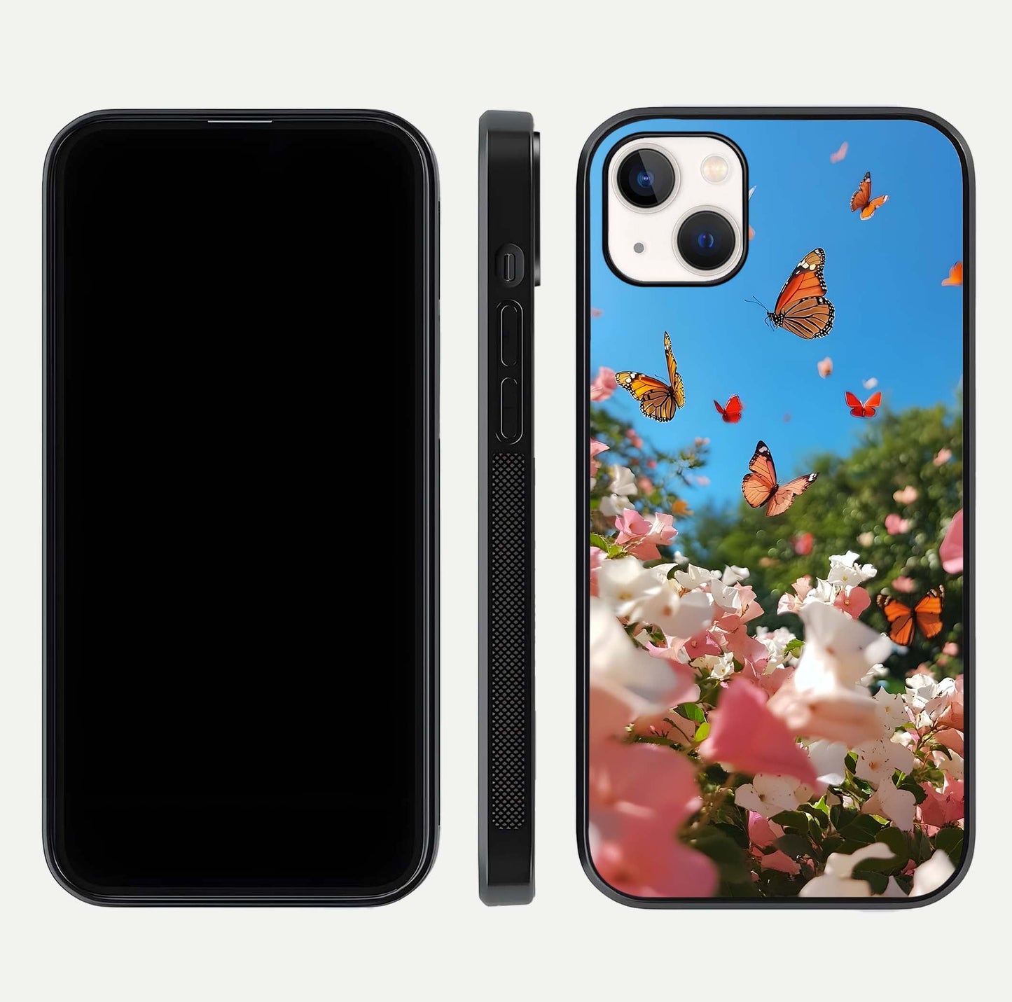 Butterflies in Bloom Sky Glass Case for iPhone 14 Plus dual-view layout displaying elegant composition and glass gloss