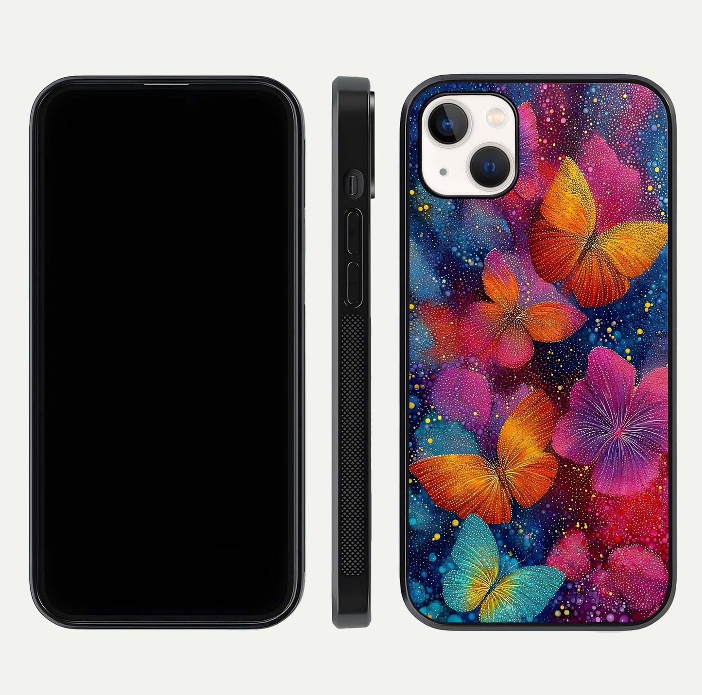 Butterfly Dream Mist Glass Case for iPhone 14 Plus dual-view layout showing mist background and edge polish