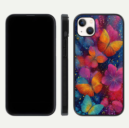 Butterfly Dream Mist Glass Case for iPhone 14 Plus dual-view layout showing mist background and edge polish