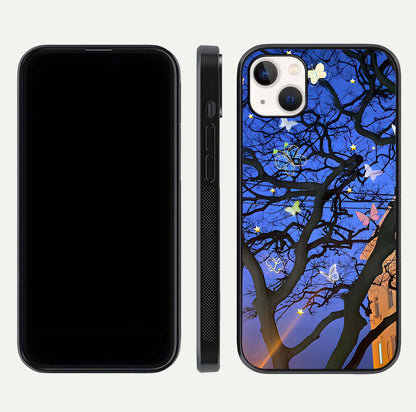 Butterfly Night Magic Glass Case for iPhone 14 Plus dual-view layout displaying balanced art and edge clarity