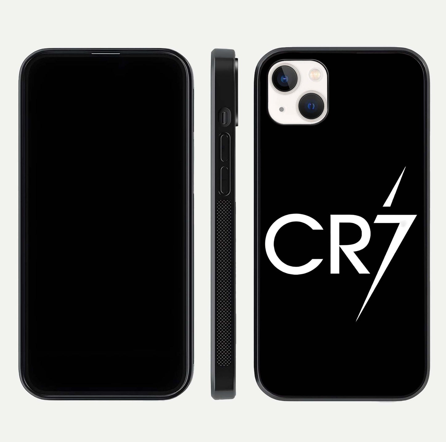 CR7 Elite Strike Glass Case for iPhone 14 Plus dual-view layout showing sport tones and edge clarity