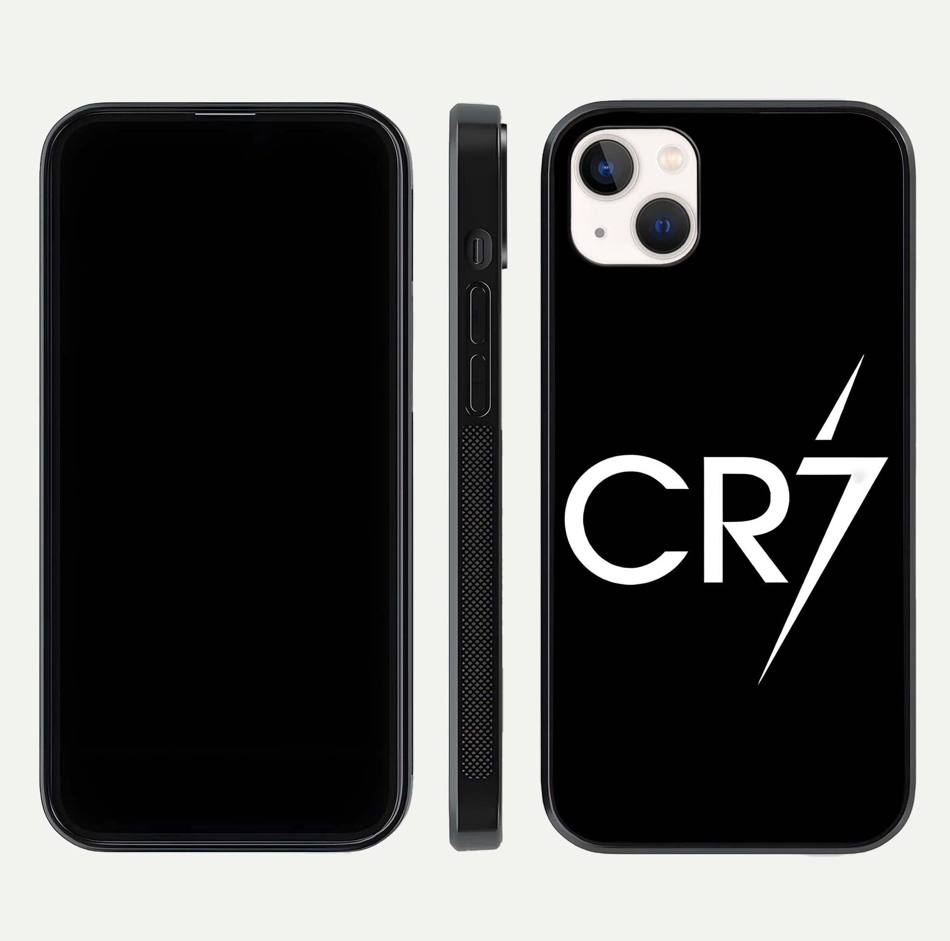 CR7 Elite Strike Glass Case for iPhone 14 Plus dual-view layout showing sport tones and edge clarity