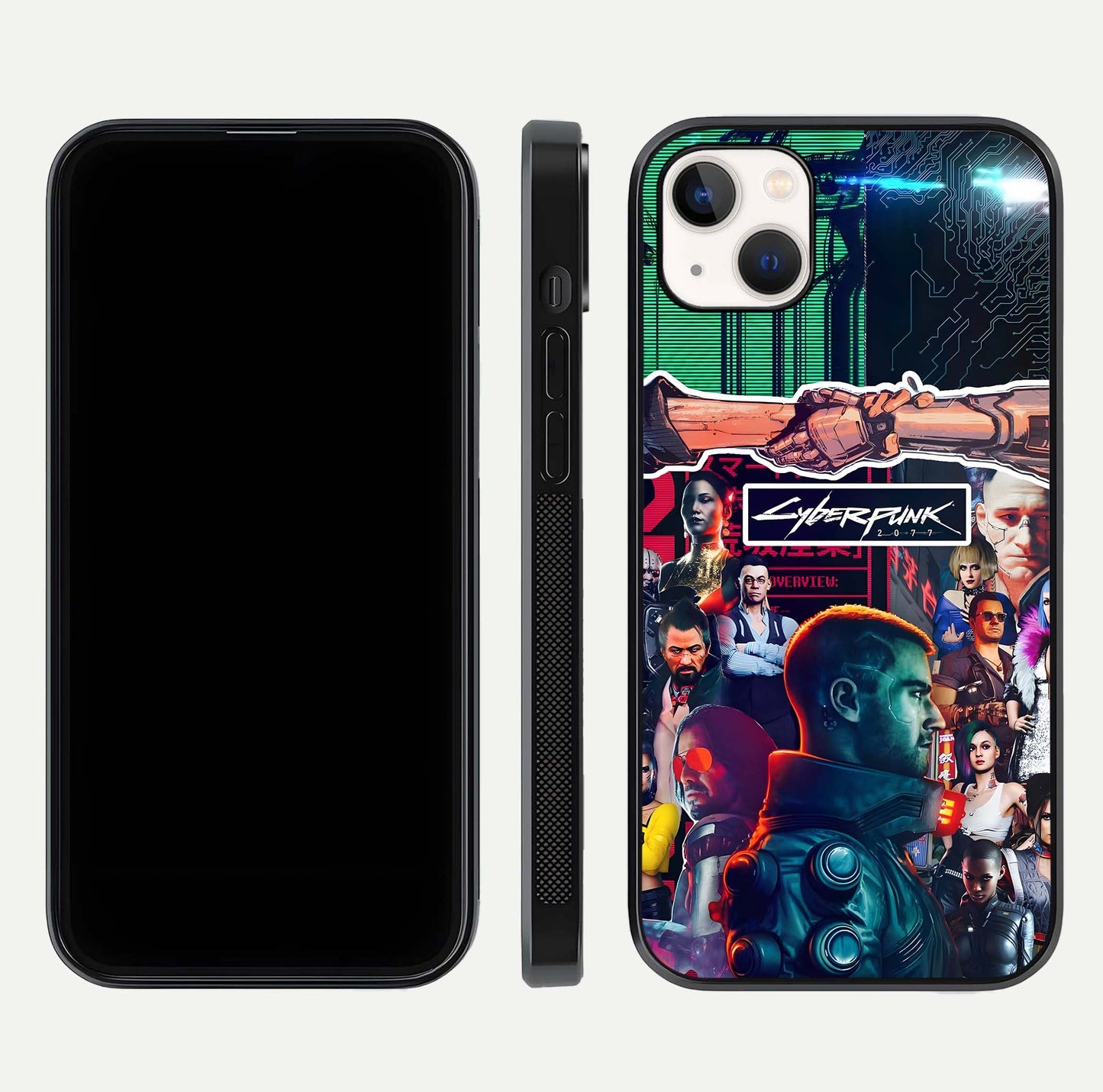 CYBERPUNK Legacy Glass Case for iPhone 14 Plus dual-view layout showing cyberpunk hues and glass precision