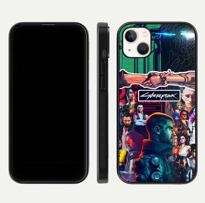 CYBERPUNK Legacy Glass Case for iPhone 14 Plus dual-view layout showing cyberpunk hues and glass precision