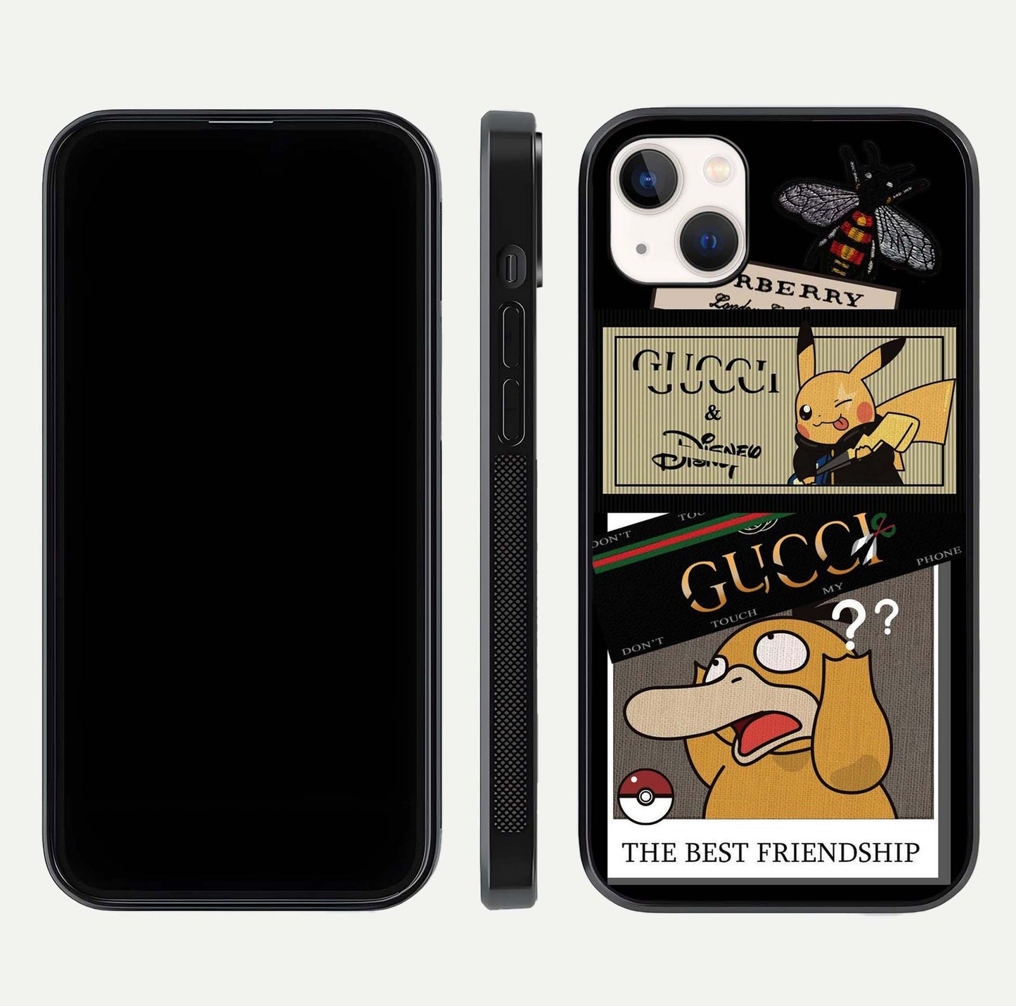 Cartoon Brand Play Mashup Glass Case for iPhone 14 Plus front and back view layout highlighting multi-logo artwork and curved edges