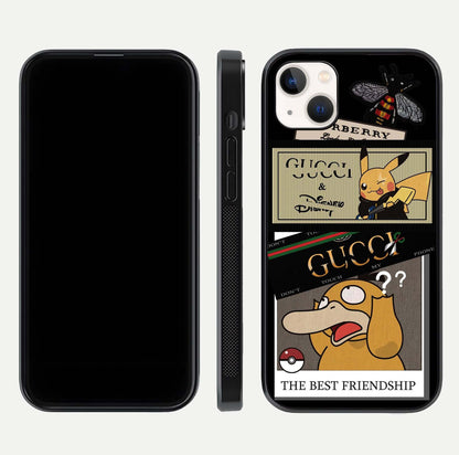 Cartoon Brand Play Mashup Glass Case for iPhone 14 Plus front and back view layout highlighting multi-logo artwork and curved edges