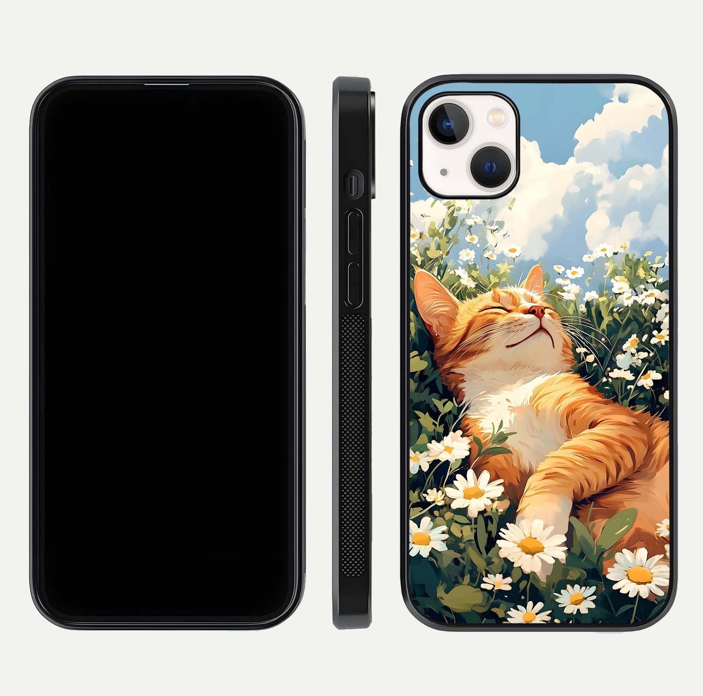 Cat & Flowers View Glass Case for iPhone 14 Plus front-and-back layout showing floral balance and gloss surface