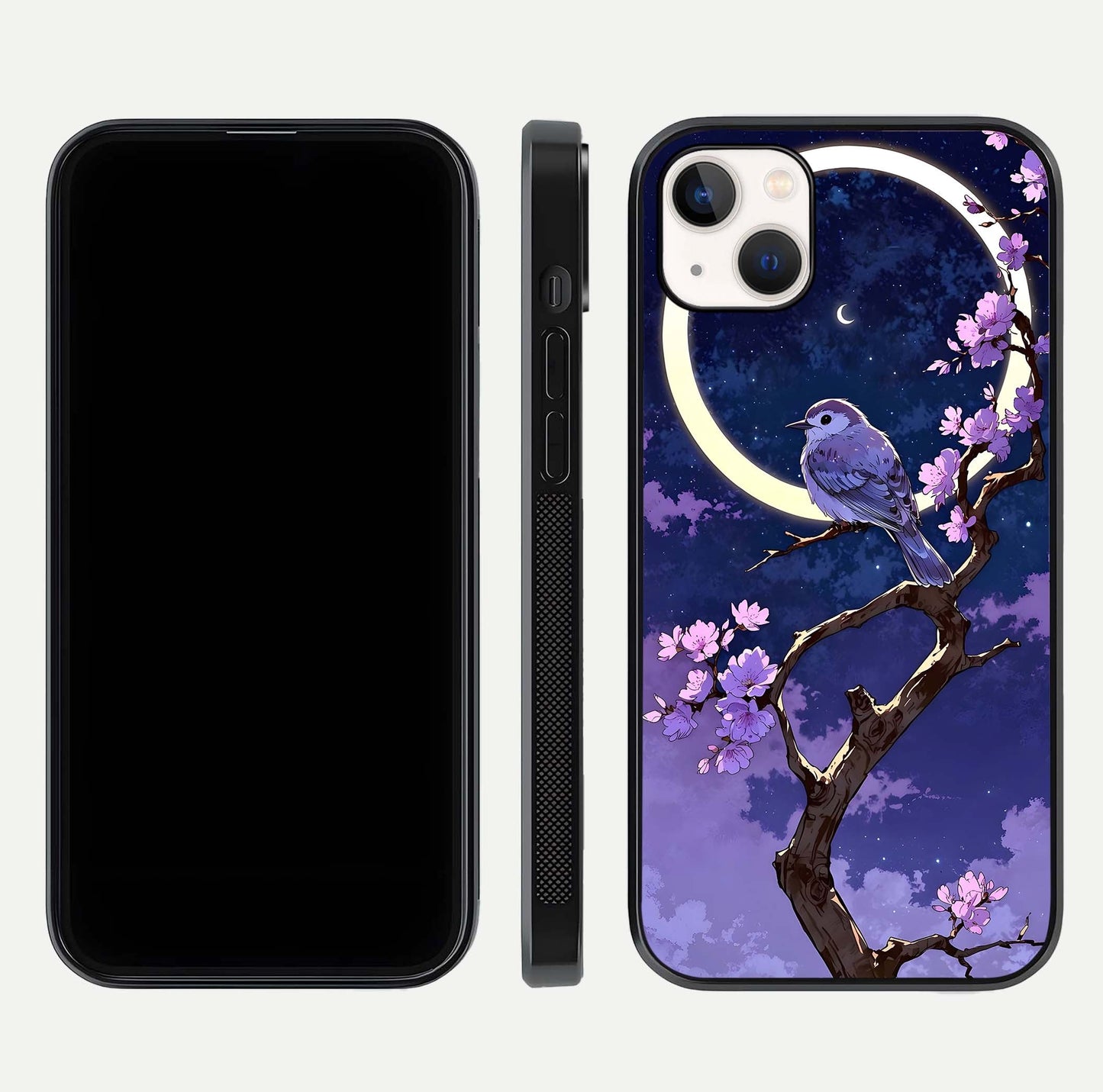 Celestial Bird Blossom Glass Case for iPhone 14 Plus dual-view layout showing art composition and edge clarity
