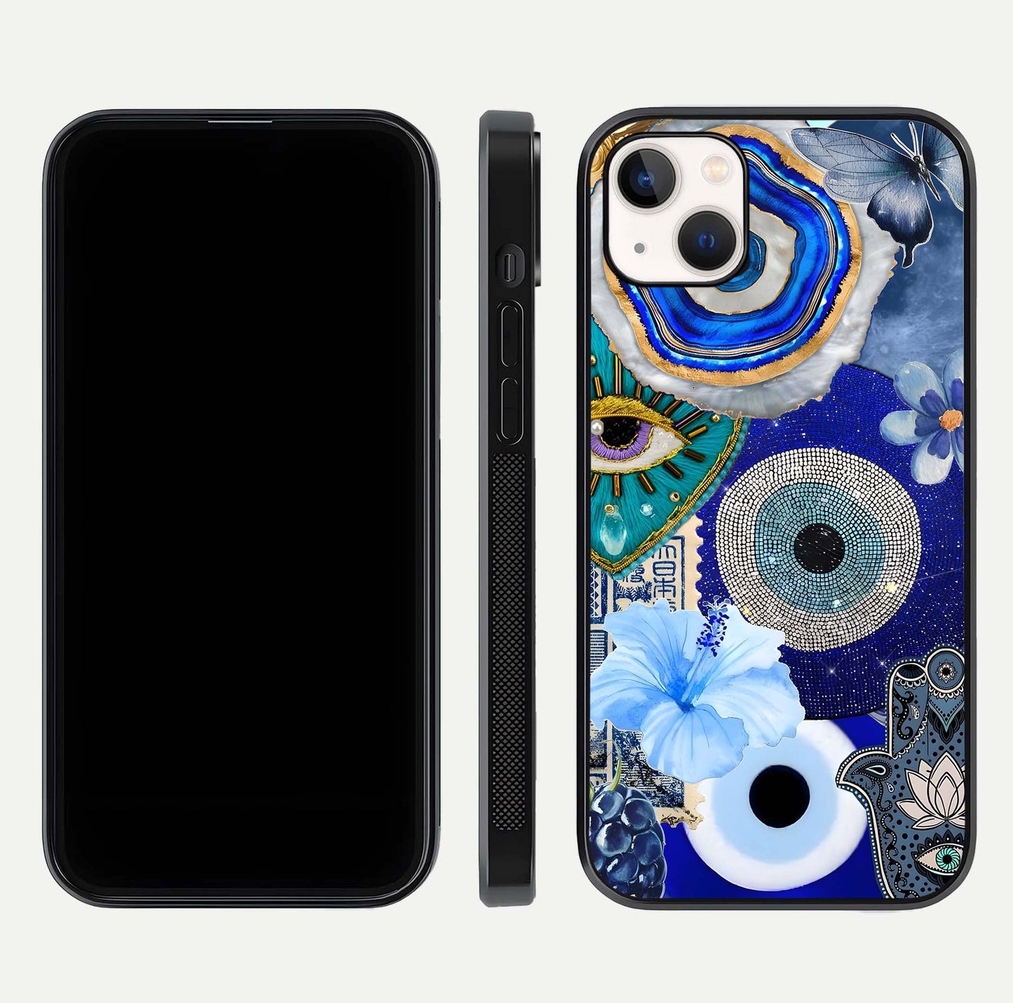 Celestial Blue Vision Glass Case for iPhone 14 Plus dual-view layout showing celestial gradient and curved edges