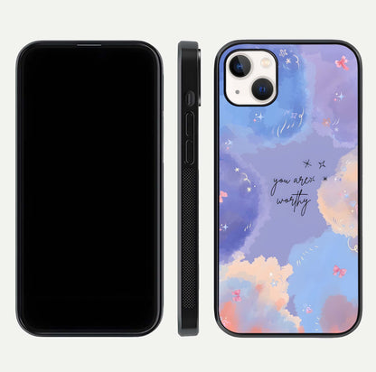 Celestial Cloud Magic Glass Case for iPhone 14 Plus dual-view layout showcasing soft color transition and gloss shine