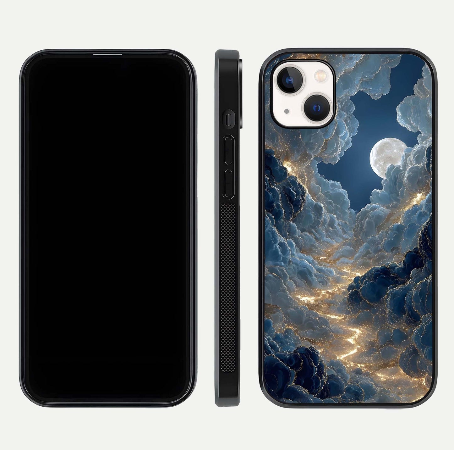 Celestial Cloud Road Glass Case for iPhone 14 Plus front-and-back layout displaying balance between light and depth
