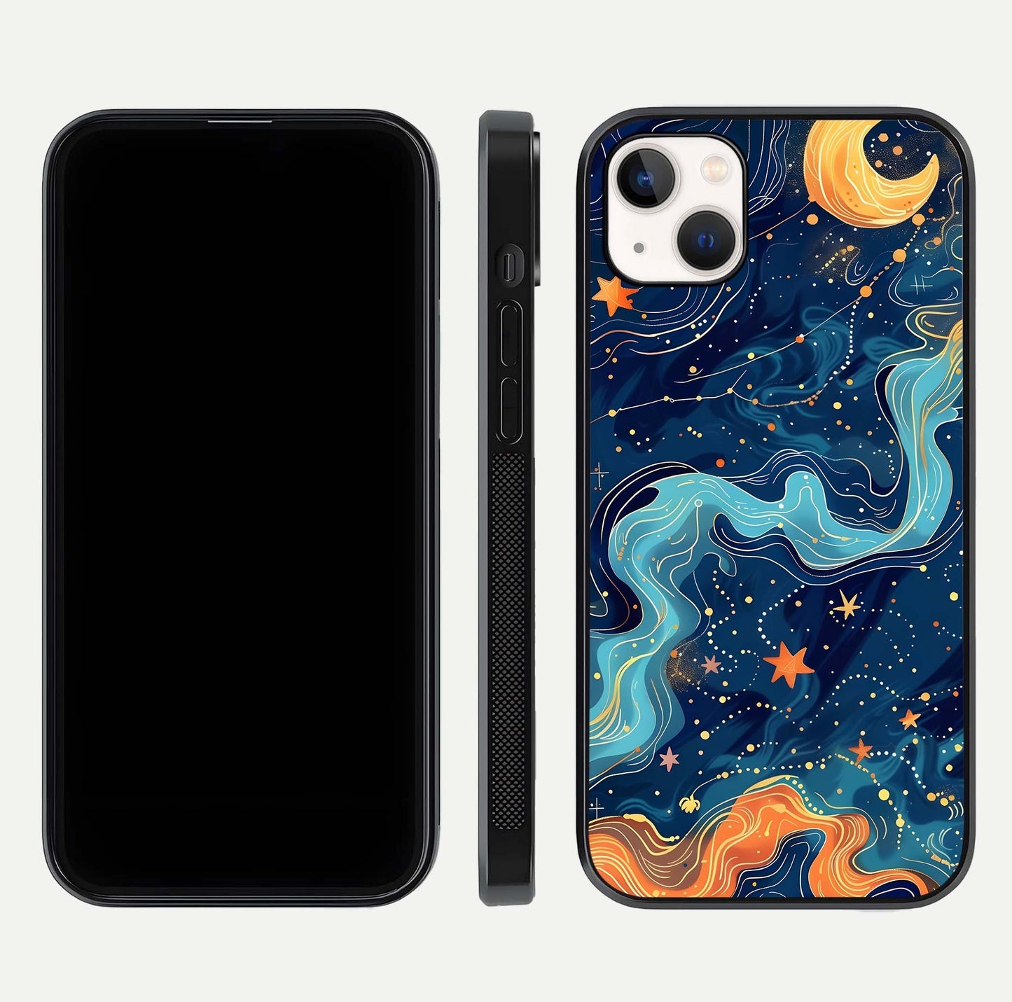 Celestial Dream Flow Glass Case for iPhone 14 Plus dual-view layout showing abstract flow and curved glass
