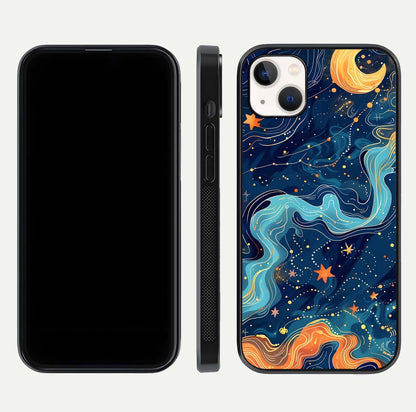 Celestial Dream Flow Glass Case for iPhone 14 Plus dual-view layout showing abstract flow and curved glass