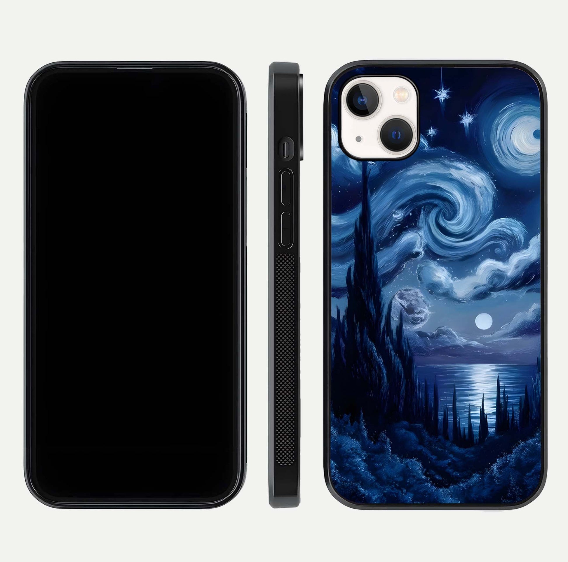 Celestial Dream Van Gogh Glass Case for iPhone 14 Plus dual-view layout displaying art texture and glass polish