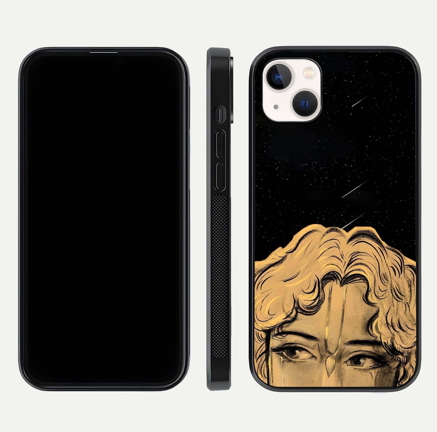 Celestial God’s Plan Glass Case for iPhone 14 Plus front & back layout showing smooth finish and spiritual art