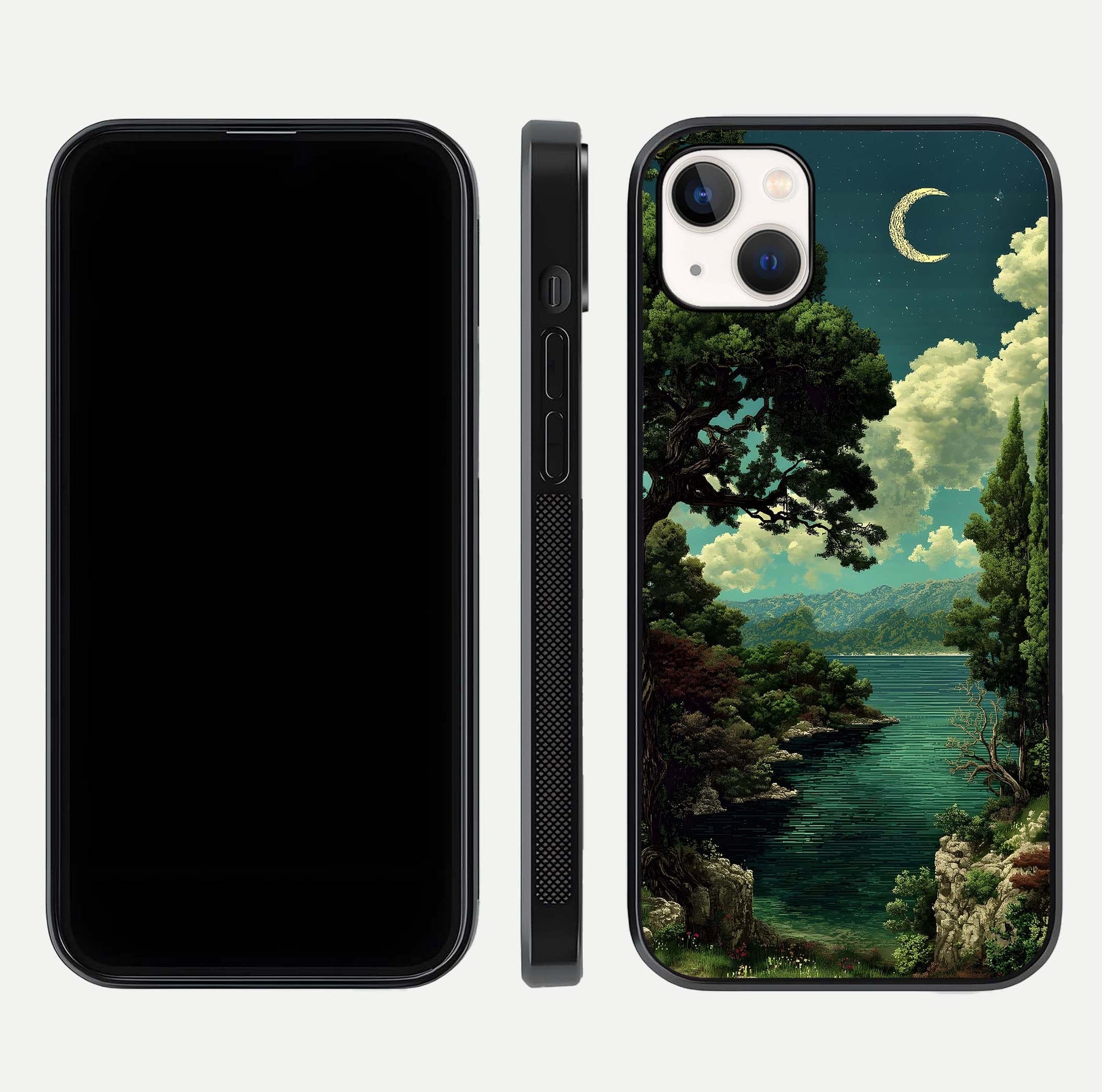 Celestial Lake Peace Glass Case for iPhone 14 Plus dual-view layout showing soft hues and HD shine