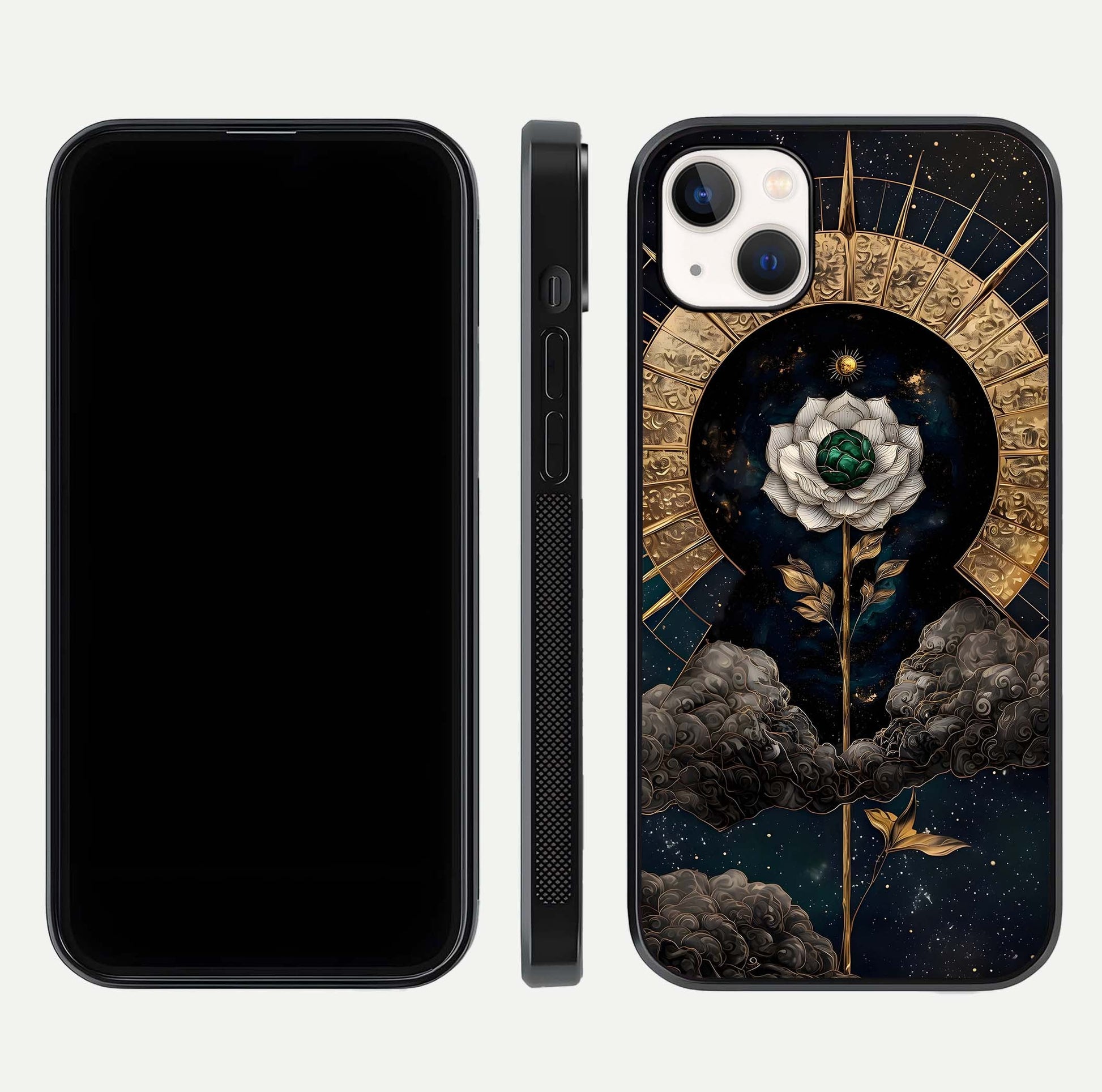 Celestial Lotus Morang Glass Case for iPhone 14 Plus dual-view layout displaying floral symmetry and polished edges
