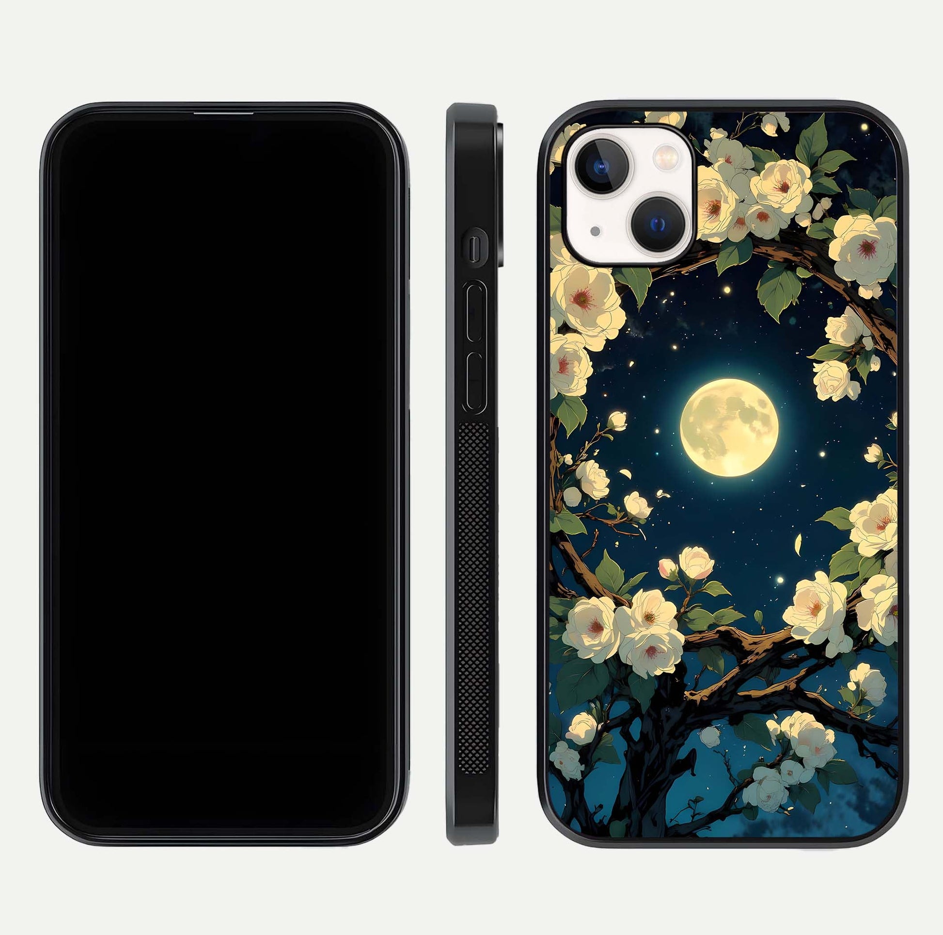 Celestial Moon & Flower Glass Case for iPhone 14 Plus dual-view layout showing balanced lunar art and gloss tone