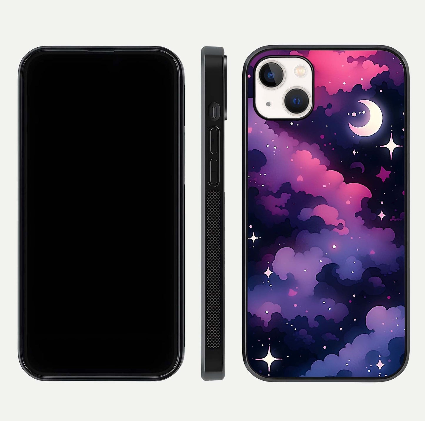 Celestial Moon Magic Glass Case for iPhone 14 Plus dual-view layout displaying lunar design and sleek edges
