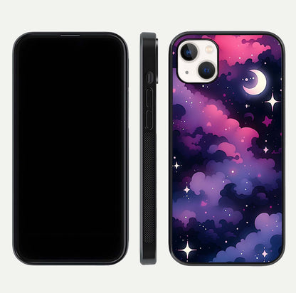 Celestial Moon Magic Glass Case for iPhone 14 Plus dual-view layout displaying lunar design and sleek edges