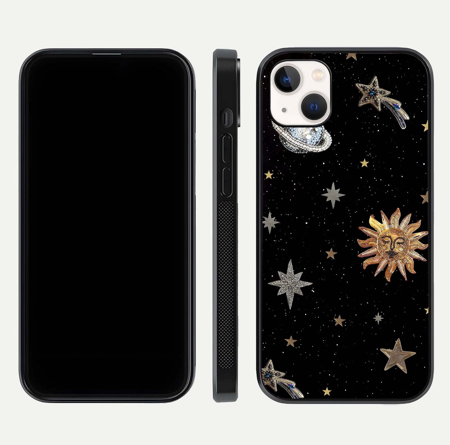 Celestial Moon With Stars Glass Case for iPhone 14 Plus front-and-back layout displaying lunar art and premium finish