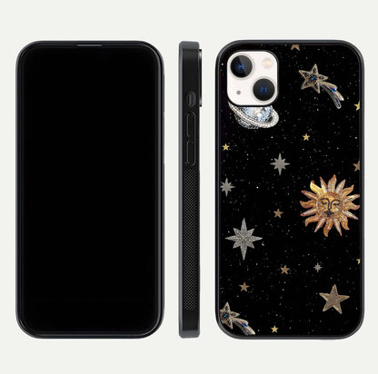 Celestial Moon With Stars Glass Case for iPhone 14 Plus front-and-back layout displaying lunar art and premium finish