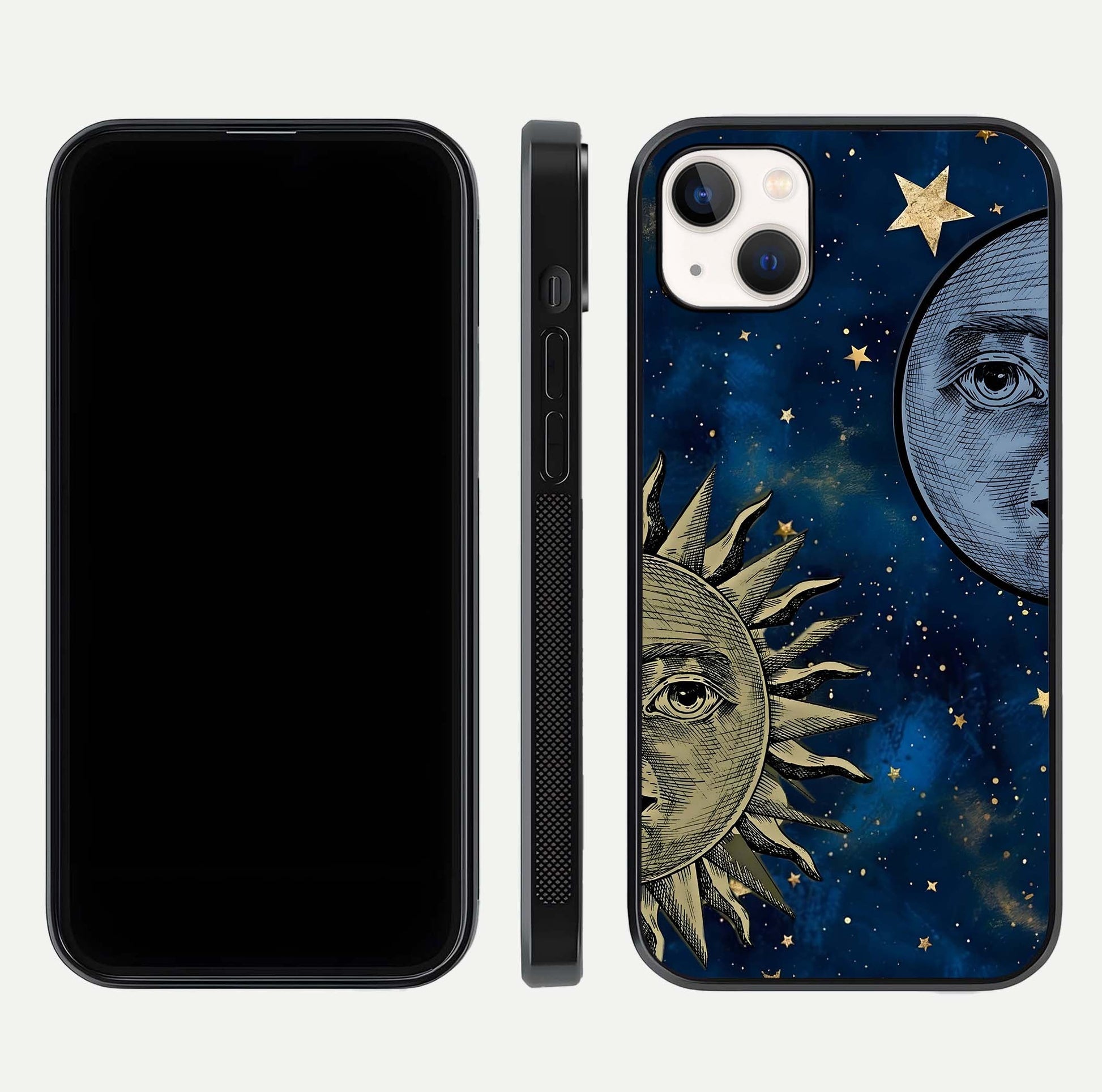 Celestial Moon With Sun Glass Case for iPhone 14 Plus dual-view layout showing luminous pattern and curved edges
