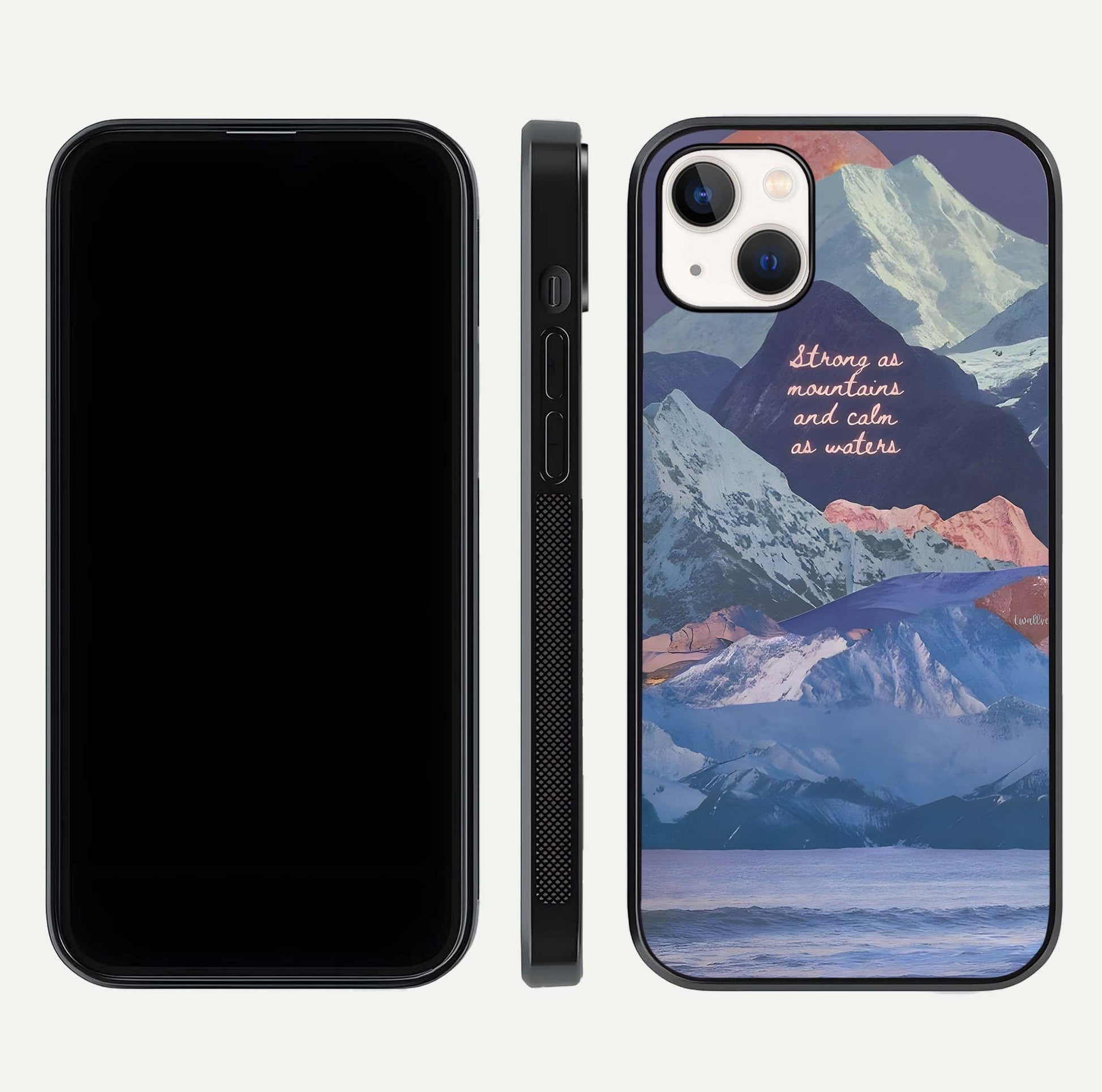 Celestial Mountain Calm Glass Case for iPhone 14 Plus dual-view layout displaying scenic tones and curved finish