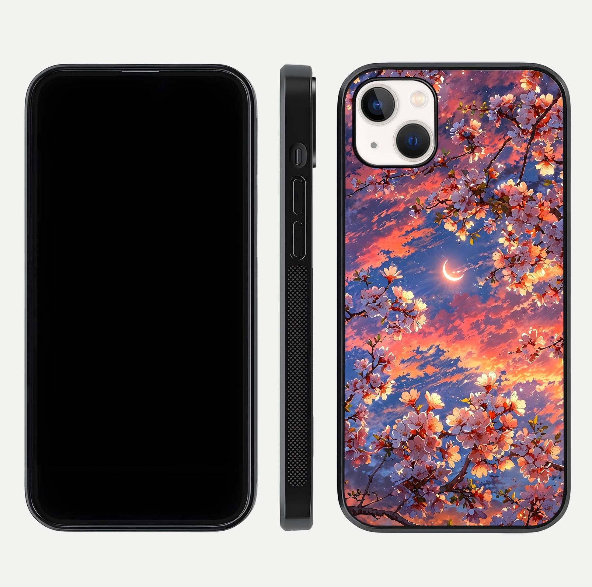 Celestial Sakura Sunset Glass Case for iPhone 14 Plus dual-view layout showing floral gradient and reflection polish