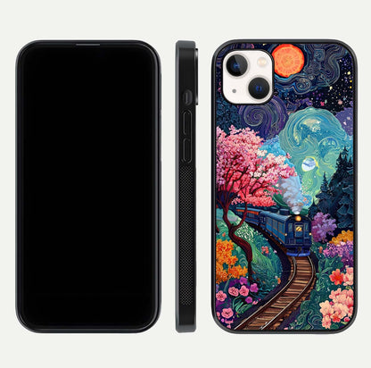 Celestial Train Journey Glass Case for iPhone 14 Plus dual-view layout showing cosmic art balance and curved glass edges