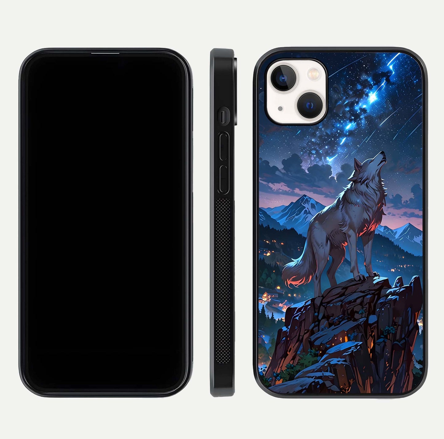 Celestial Wolf Howl Glass Case for iPhone 14 Plus dual-view layout displaying night tones and protective glass edges