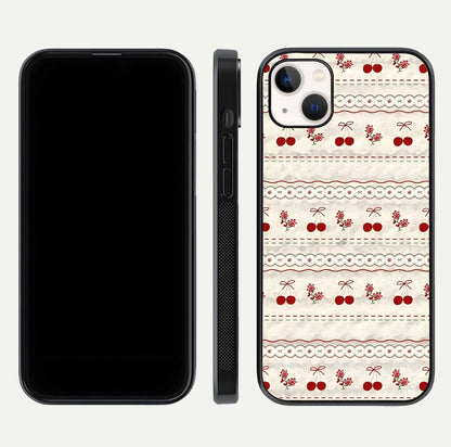 Cherry Bloom Charm Glass Case for iPhone 14 Plus front-and-back layout displaying floral art and smooth finish