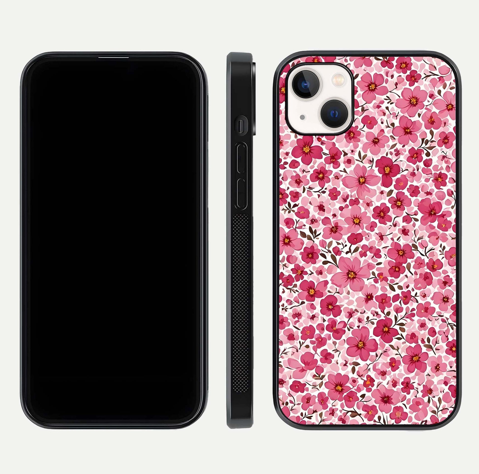 Cherry Blossom Charm Glass Case for iPhone 14 Plus dual-view layout showing elegant floral balance and HD gloss