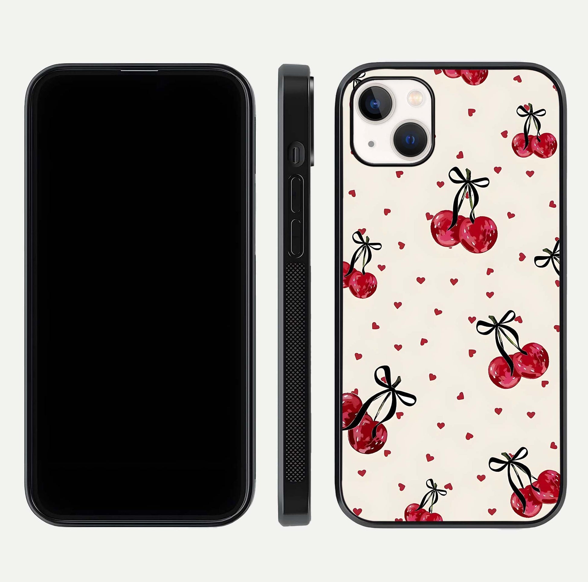 Cherry Heart Bow Glass Case for iPhone 14 Plus front-and-back view showing design clarity and edge protection