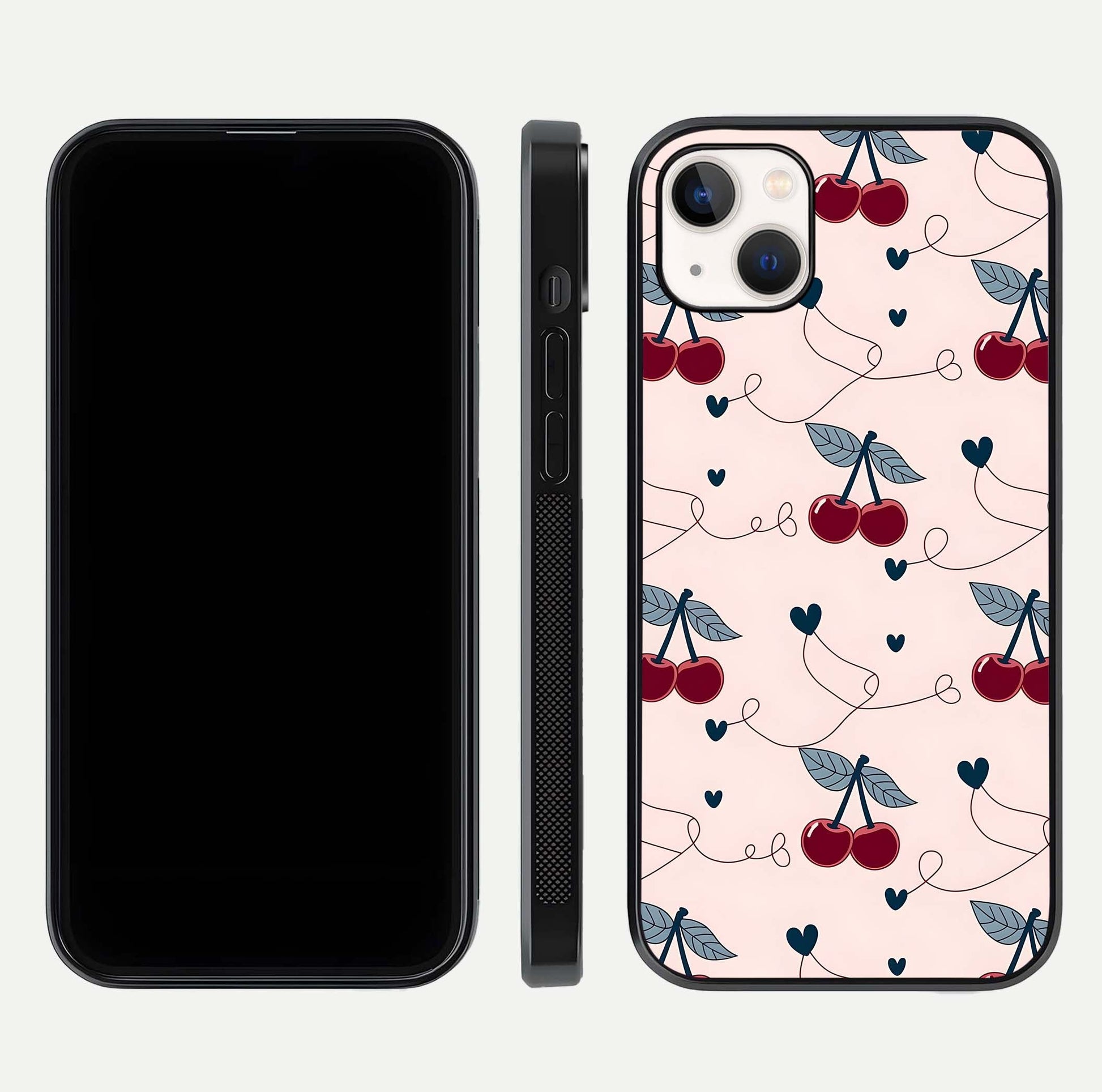 Cherry Heart Line Glass Case for iPhone 14 Plus dual-view layout displaying minimal cherry motif and edge design