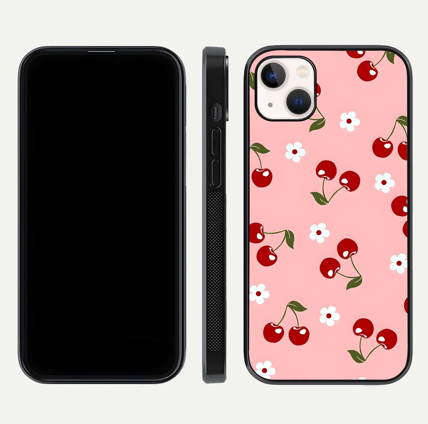 Cherry Love Mood Glass Case for iPhone 14 Plus dual-view layout showing design alignment and curved edges