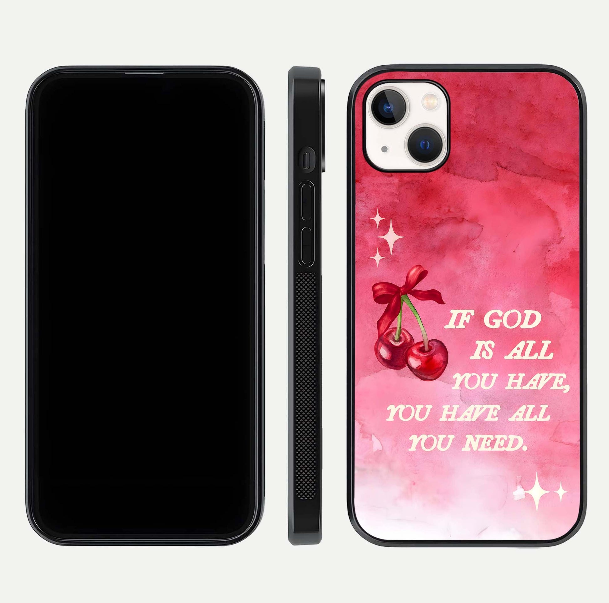 Cherry Quote Glass Case for iPhone 14 Plus dual-view layout showing red cherry tones and text balance