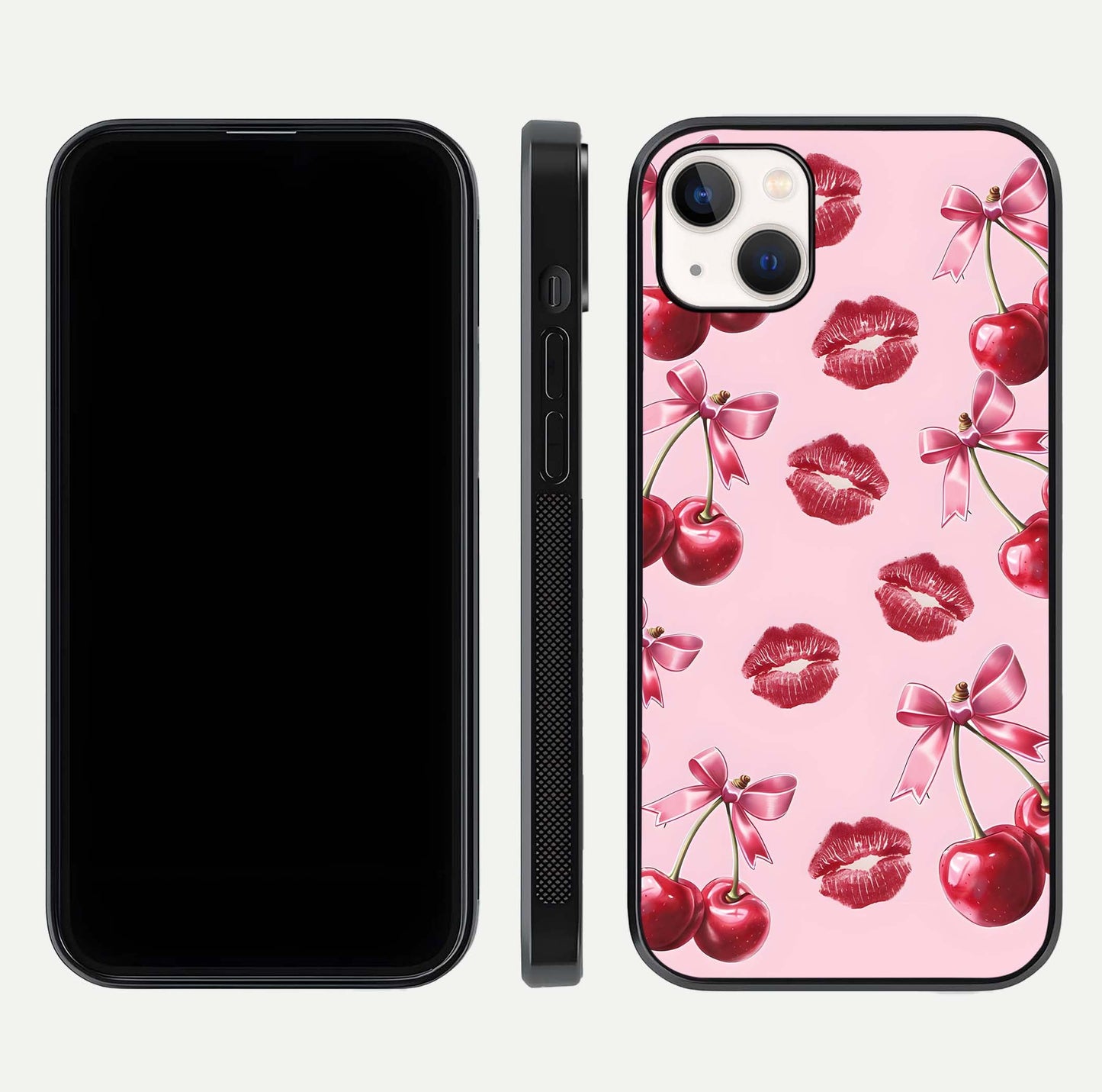 Cherry With Lips Glass Case for iPhone 14 Plus front-and-back layout displaying detailed design and glass finish