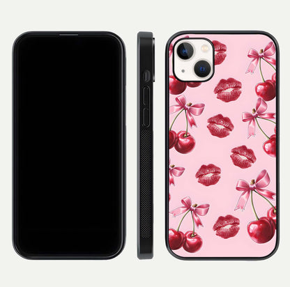Cherry With Lips Glass Case for iPhone 14 Plus front-and-back layout displaying detailed design and glass finish