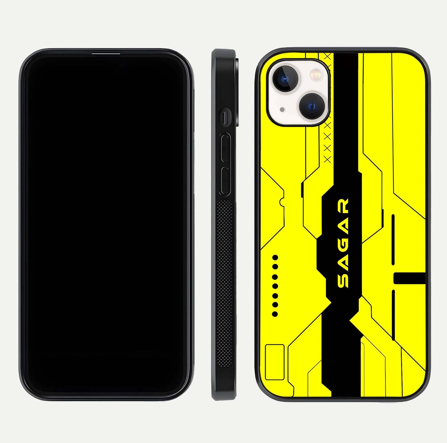 Circuit CYBERPUNK Custom Name Glass Case for iPhone 14 Plus dual-view layout showing bold tech art and edge clarity