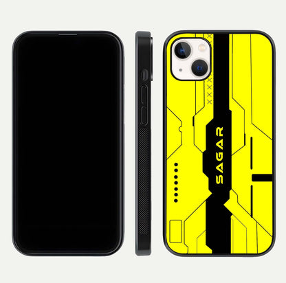 Circuit CYBERPUNK Custom Name Glass Case for iPhone 14 Plus dual-view layout showing bold tech art and edge clarity