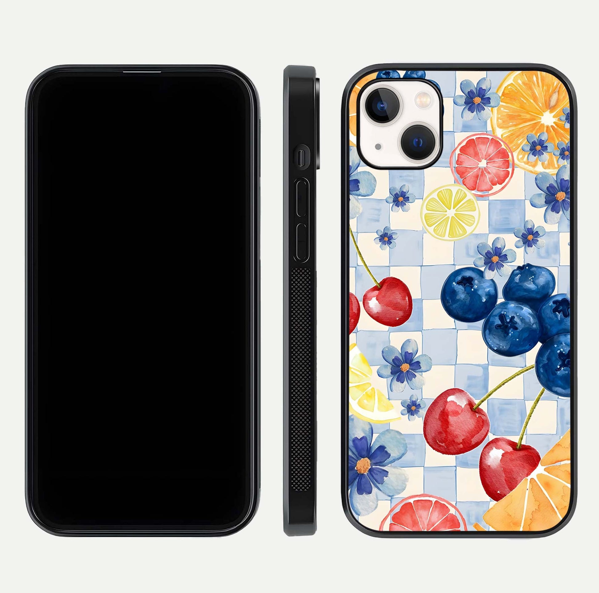 Citrus Bloom Joy Glass Case for iPhone 14 Plus dual-view layout displaying colorful print and smooth edges