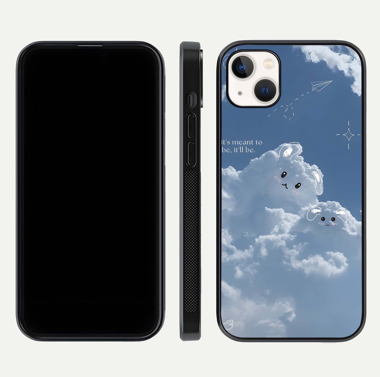 Cloud Bunny Dreams Glass Case for iPhone 14 Plus dual-view layout displaying aesthetic tones and smooth polish